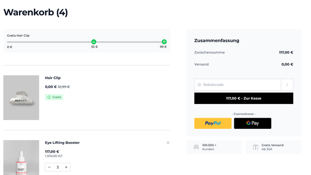 Shopify-Warenkorbseite mit Fortschrittsbalken für Gratisversand, kostenloser Zugabe, Rabattcode-Feld und Express-Checkout-Buttons