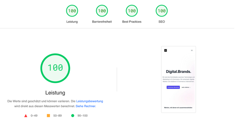 Lighthouse-Bericht mit dem Wert 100 für Leistung, Barrierefreiheit, Best Practices und SEO